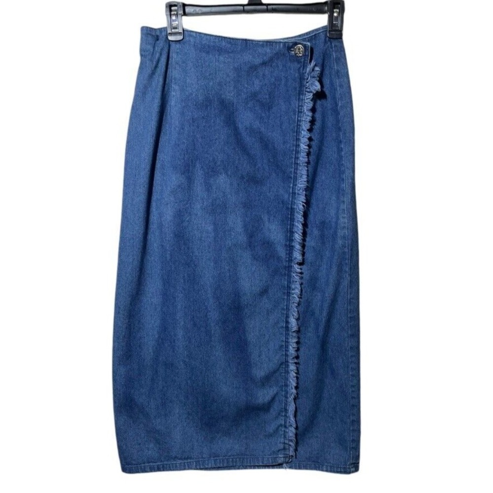 Denim Wrap Skirt Sz XS/S Western Frayed Hem Long Cowgirl Blue Boho